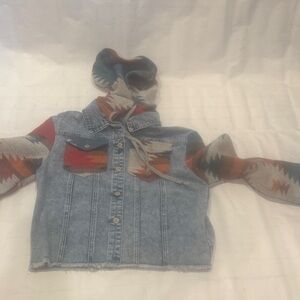 Stylish women’s Denim Jacket with Multicolor Pattern and detachable hood